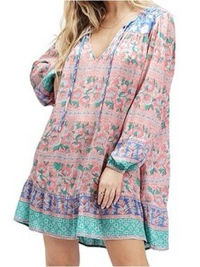 Billabong Boho Babe Pink and Aqua Floral Tunic Dress EUC Size L